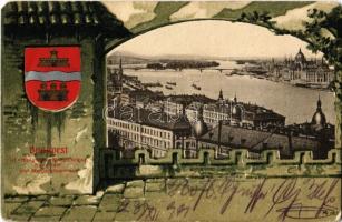 Budapest, Új országház és Margitsziget Budáról nézve. Szecessziós litho keret címerrel, Art Nouveau (EK)