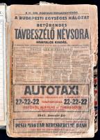 1943 Budapesti Egységes Hálózat betűrendes távbeszélő névsora. Telefonkönyv. Két lap kijár, sérült, hiányos, a papírborító elülső táblája leszakadt, a külső vászontok sérült, szétszakadt, rossz állapotban.