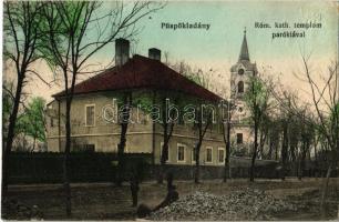 1915 Püspökladány, Római katolikus templom a parókiával. Vasúti Levelezőlapárusítás 389. + 15 némabélyegző / Tarnstempel (EK)