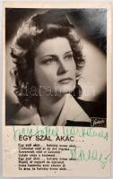 Karády Katalin (1910-1990) színésznő aláírása az őt ábrázoló filmboltos képeslapon ("Egy szék  akác..."), dátumozva,13x8 cm