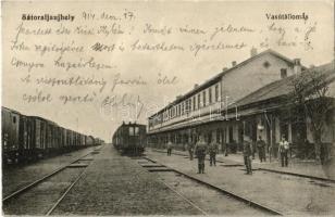 1914 Sátoraljaújhely, Vasútállomás, vonat, vasutasok + SÁTORALJAÚJHELY P.U. pályaudvari bélyegző