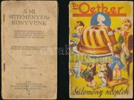 Vegyes recept- és süteményes füzet, 4 db:  Dr. Oetker-féle receptkönyv. Bp., 1935., Tolnai, 15+1 p. Első kiadás. Papírkötésben.; Dr. Oetker sütemény-receptek, kissé kopott, kissé szakadt borítóval, kissé foltos, 30 p.; Hogyan készül a jó sütemény? Megmondja nekünk a világos fej. Bp., én., Dr. Oetker, 96 p. Papírkötésben, foltos, kissé szakadt borítóval, ceruzás bejegyzésekkel.; A mi süteményes könyvünk. Gyakorlati útmutatások a torták, mignonok és mindenféle sütemények helyes elkészítésére és díszítésére. Bp., 1928, Váncza és Társa, 76 p. Hatodik kiadás. Borító nélkül.