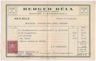 1931. Berger Béla kárpitos és diszitő kitöltött számla + 1934. Hüttl Tivadar Porcellángyáros és nagykereskedő kitöltött számla, mindkettő bélyeggel T:II-