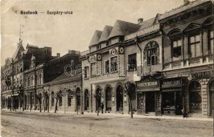 1918 Szolnok, Szapáry utca, Cukrászda, Szigeti Henrik udvari fényképész és szerb királyi udvari fényképész műterme, Farkas Lajos virágcsarnoka, Gabó László üzlete, Otthon kávéház, mozi. Gerő Ignác kiadása (EK)