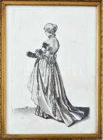 Keiss Károly (1883-1953): Hölgy, díszben. Rézkarc, papír, jelzés nélkül. 14x21 cm Üvegezett keretben