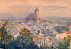 Keiss Károly (1883-1953): Városi látkép. Akvarell, papír, jelzés nélkül. 20x14,5 cm Üvegezett keretben