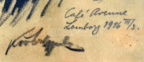 Kövér Gyula (1883-1972): Kalapos nők kávéházban. / Café Avenue Lemberg Grafit, papír, jelzett üvegez...