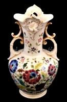 Fischer?: Virágos, füles váza, kézzel festett, javított, jelzés nélkül 34 cm
