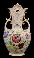 Fischer?: Virágos, füles váza, kézzel festett, javított, jelzés nélkül 34 cm