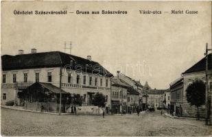 1916 Szászváros, Broos, Orastie; Vásár utca, Caffee Eisenburger cukrászda és kávéház, Oprean Aurél üzlete. Stelescu kiadása / Markt Gasse, Conditorei / street view, café, confectionery, pastry shop