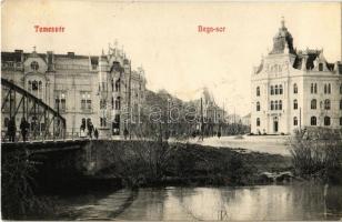 1908 Temesvár, Timisoara; Béga sor, híd, Temes-Béga szabályozási palota / street view, bridge, Timis river regulation palace