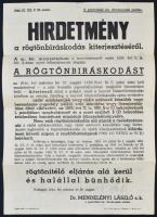 1944 Rádiókészülék használata miatti rögtönbíráskodás (statárium) bevezetéséről szóló hirdetmény plakátja 42x29 cm