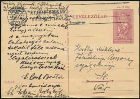1943 1848-as honvéd árva által írt kérelem Horthy Miklósnénak levelezőlapon