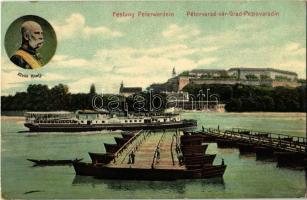 1910 Pétervárad, Peterwardein, Petrovaradin (Újvidék, Novi Sad); Grad Petravardin, Zivio kralj / Pétervárad vára, Ferenc József, Starcevic gőzhajó, hajóhíd (pontonhíd). Josef Singer kiadása / castle, Franz Joseph, steamship, pontoon bridge