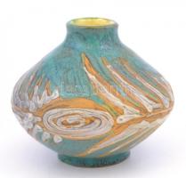 Gorka Lívia (1925-2011): Türkiz csíkos váza. Festett mázas kerámia, jelzett, apró kopásnyomokkal, m:...