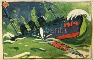 1914-1915 Első világháborús haditengerészeti propaganda lap. Magyar Földrajzi Intézet Rt. kiadása / WWI Austro-Hungarian Navy K.u.K. Kriegsmarine propaganda art postcard s: Biró (EK)