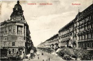 1909 Budapest VI. Andrássy út, villamos, lóvasút, földalatti vasúti megállóhely, Takarékpénztár, Fonciere Pesti Biztosító Intézet, fogorvosi rendelő, üzletek (EB)