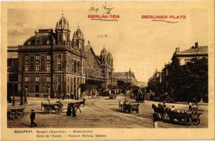 1914 Budapest VI. Berlini tér (Nyugati tér), Nyugati pályaudvar, vasútállomás, villamos, lovaskocsik