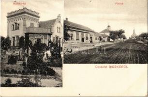 1910 Bicske, Mariska lak, villa, Fő utca, üzlet, templomok. Balázs Sándor kiadása (EK)