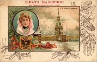 Moscow, Moskau, Moscou; La Porte Sainte / Spasskaya Tower and gate in winter, Alexandra Feodorovna Empress of Russia, Russian coat of arms. floral Art Nouveau litho (EB)