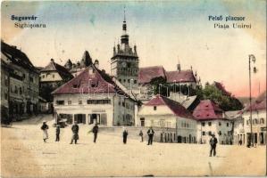 1923 Segesvár, Schässburg, Sighisoara; Felső piacsor, H. Girscht, Leonhardt üzlete, Óratorony / Piata Unirei / street view, marketplace, shops, clock tower (fl)