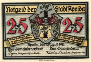 Német Birodalom/Weimari Köztársaság/Apolda 1921. 25Pf(6x) összesen:6klf db, teljes sor T:I