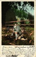 1900 Jagers-Rast / Hunters rest, dog, rifles. Purger & Co. Photochromiekarte 434. (EK)