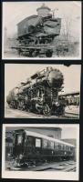 cca 1930-1940 3 db vasúti fotó mozdonyokról, vasúti kocsikról, egy felületén törésnyommal, egy felületén kis hiánnyal, 8x11 cm és 8,5x11,5 cm közötti méretben