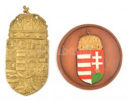 Magyar címeres réz fali dísz és kerámia plakett, h: 16,5 cm d: 12 cm