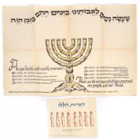 cca 1960-1980 Héber és Angol nyelvű nyomtatványok, közte egy nagyméretű, a nagyméretűn a Menóra 8 gyertyájának jelentéseivel.