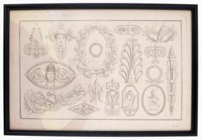 Díszítőmotívumok, metszet, üvegezett keretben, 22×35 cm
