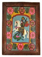 Jelzés nélkül: Sárkányölő. Erdélyi festett üveg ikon, fa keretben, 38,5×25,5 cm