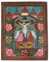 Jelzés nélkül: INRI. Erdélyi festett üveg ikon, fa keretben, 38,5×25,5 cm