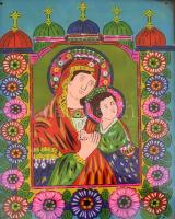 Jelzés nélkül: Mária és a gyermek Jézus. Erdélyi festett üveg ikon, fa keretben, 38,5×25,5 cm