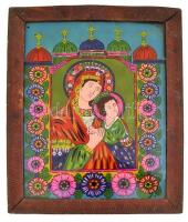 Jelzés nélkül: Mária és a gyermek Jézus. Erdélyi festett üveg ikon, fa keretben, 38,5×25,5 cm