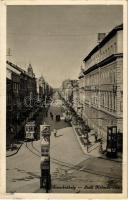 1940 Szombathely, Széll Kálmán utca, villamos, hirdetőoszlopok (EB)