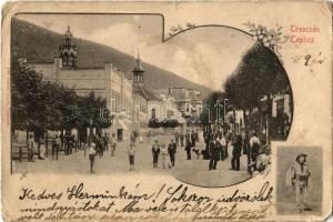 1904 Trencsénteplic, Trencianske Teplice; Széchény utca, Sina és Hamman fürdő, folklór / street view, spas, folklore (Rb)