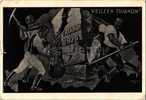 Vesszen Trianon!. Kiadja a Magyar Nemzeti Szövetség / Hungarian irredenta art postcard s: Zsolt + 1940 Székelyudvarhely visszatért So. Stpl (kis szakadás / small tear)