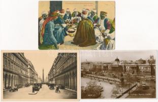 5 db RÉGI képeslap: arab folklór, Egyiptom, Párizs, London / 5 pre-1945 postcards: Arabian folklore, Egypt, Paris, London