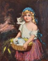 Zubor Rezső (?-?): Kislány macskával. Olaj,vászon, Jelzett. Keretben. 66x56 cm