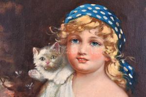 Zubor Rezső (?-?): Kislány macskával. Olaj,vászon, Jelzett. Keretben. 66x56 cm