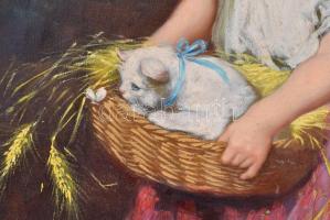 Zubor Rezső (?-?): Kislány macskával. Olaj,vászon, Jelzett. Keretben. 66x56 cm