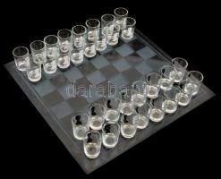 Stampedli sakk készlet. Feles poharakkal és üveg táblával, részben eredeti dobozában