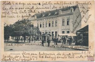 1906 Banja Luka, Banjaluka; Hotel and Restaurant Austria A. Machnigg, market + K.und K. Bahnpost Banja Luka-Doberlin (wet damage)
