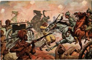Der Weltkrieg 1914-15. Deutsche Reiter erbeuten indische Geschütze. Moriz & Barschall Nr. 4680. / WWI German military, cavalry captures Indian guns, cannons s: C. Kiessich (fl)
