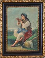 Törey jelzéssel: Pipázó asszony, olaj, farost, jelzett, fa keretben, 34x24 cm