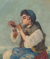 Törey jelzéssel: Pipázó asszony, olaj, farost, jelzett, fa keretben, 34x24 cm