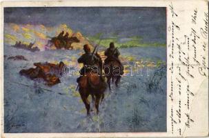 1917 Türkische Kavallerie schlägt eine russische Patrouille in die Flucht / WWI Austro-Hungarian K.u.K. military, Turkish cavalry chase away Russian patrols. Offizielle Karte für Rotes Kreuz, Kriegsfürsorgeamt, Kriegshilfsbüro Nr. 65. artist signed (EB)