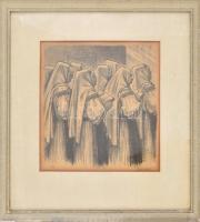 Olvashatatlan jelzéssel: Imádkozó apácák, szén, papír, üvegezett keretben, 27x25 cm