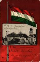 1907 Győr, Püspökvár székesegyház. Magyar zászlós litho keret, Art Nouveau. Rőszler Károly kiadása, Hátoldalon, Kallós Bertalan államtitkárnak, a Martinovics szabadkőműves páholy egykori nagymesterének címezve (EB)